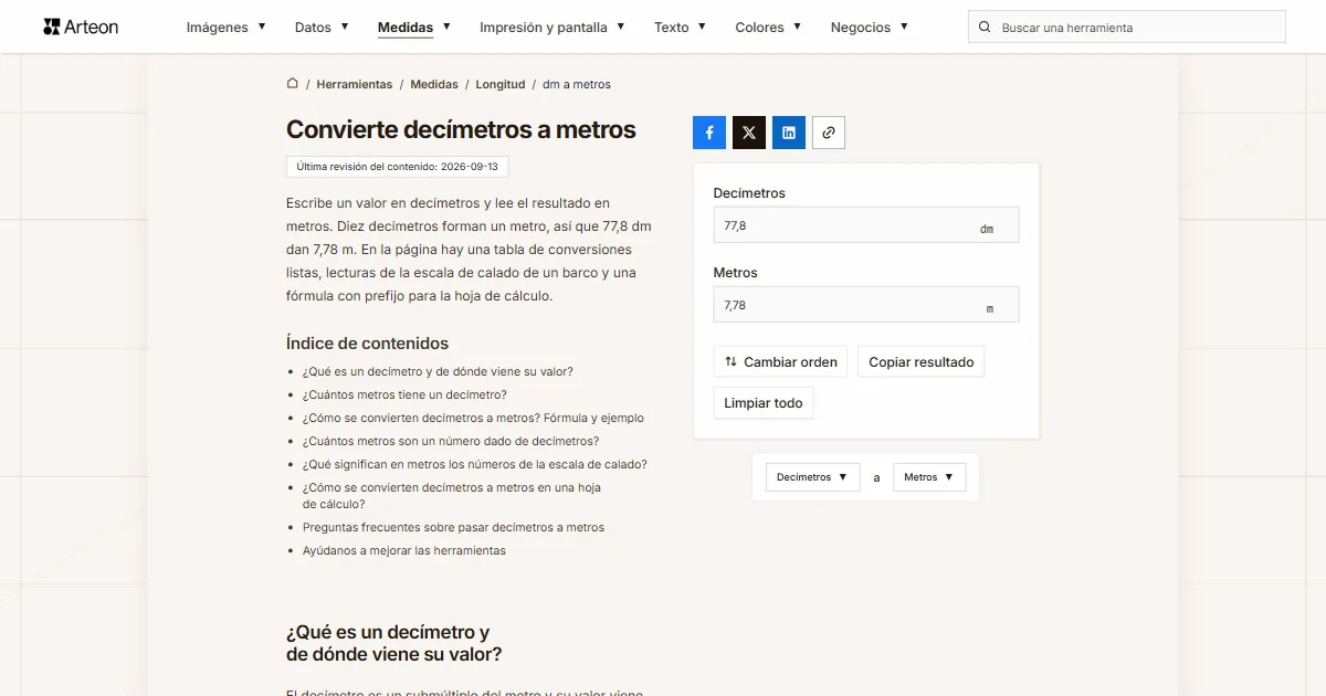 Captura de pantalla de la herramienta gratuita de Arteon: Convierte decímetros a metros