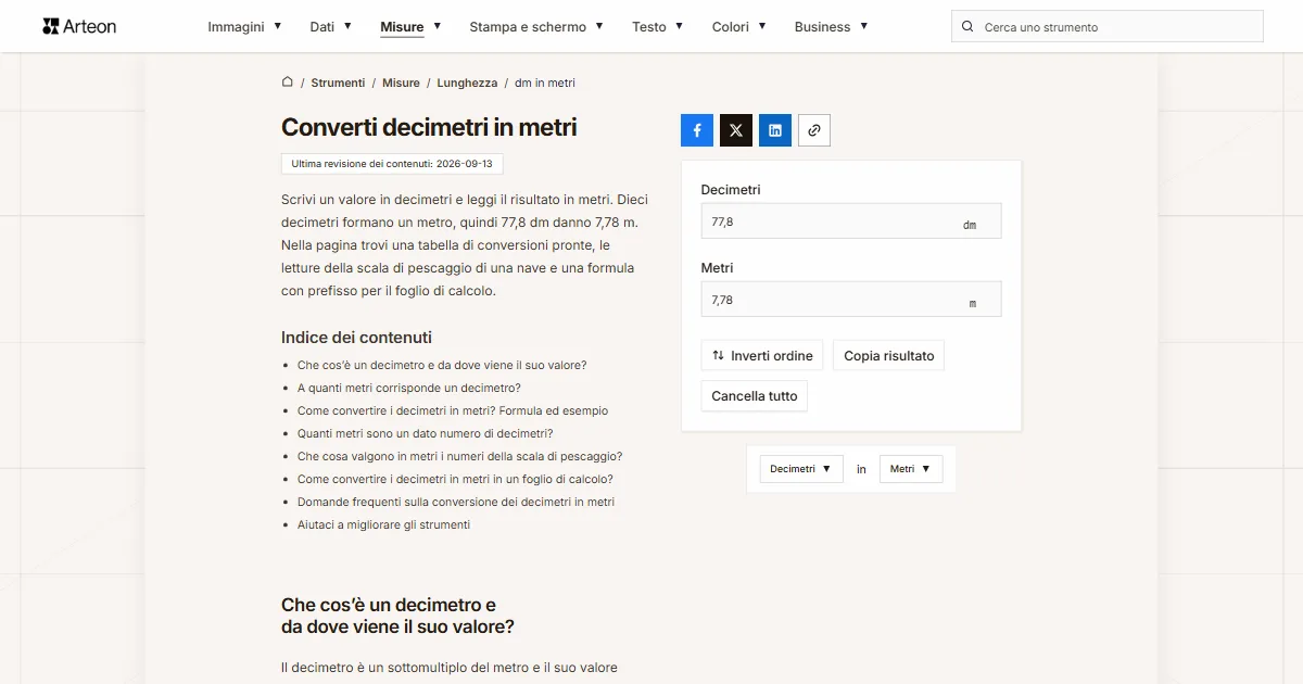 Screenshot dello strumento gratuito Arteon: Converti decimetri in metri