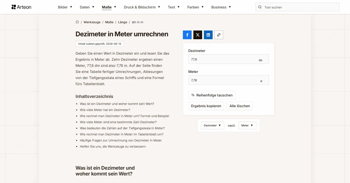 Screenshot des kostenlosen Arteon-Werkzeugs: Dezimeter in Meter umrechnen
