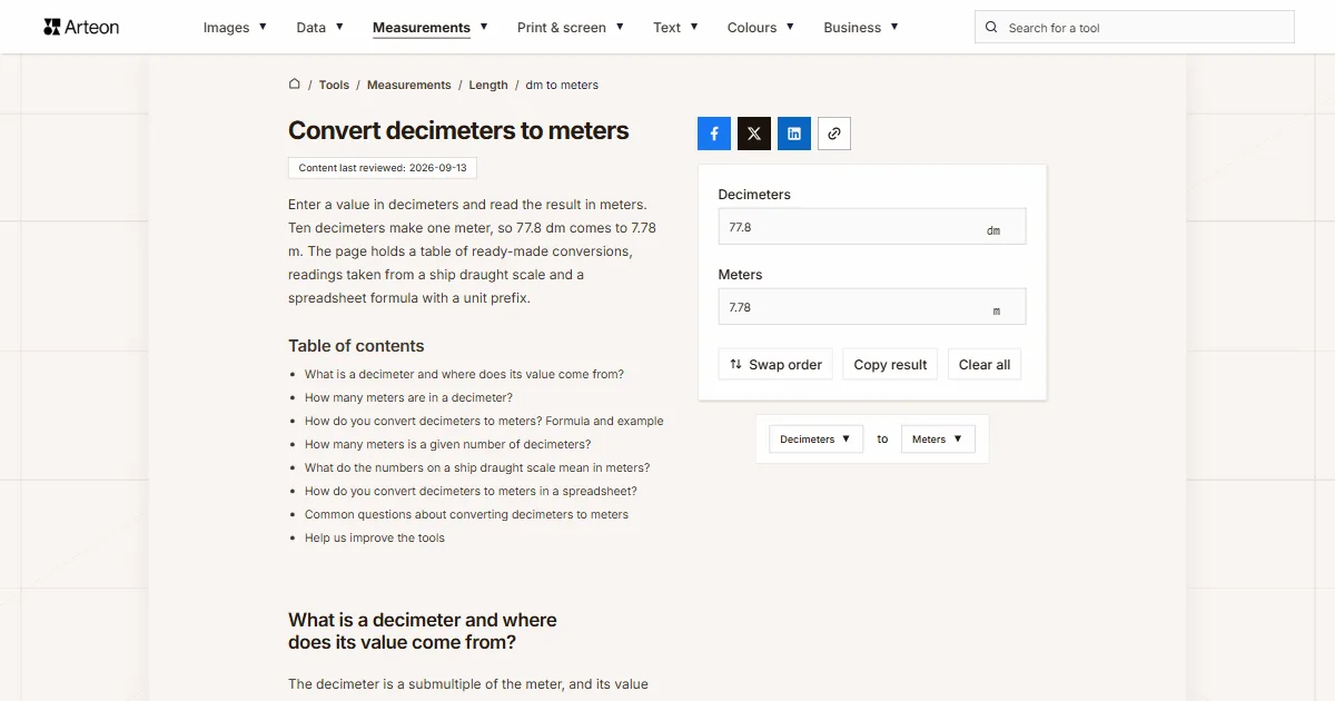 Arteon free tool screenshot: Convert decimeters to meters