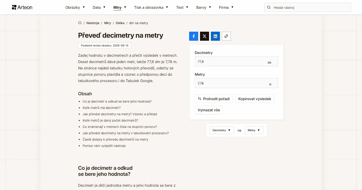 Snímek obrazovky bezplatného nástroje Arteon: Převeď decimetry na metry