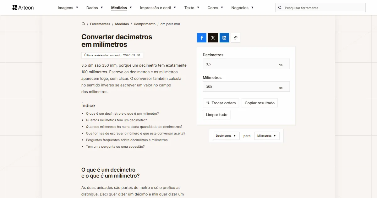 Captura de ecrã da ferramenta gratuita da Arteon: Converter decímetros em milímetros