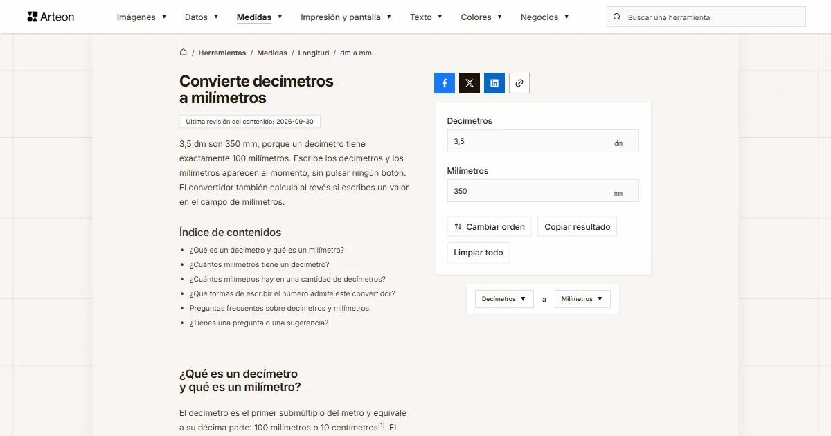 Captura de pantalla de la herramienta gratuita de Arteon: Convierte decímetros a milímetros