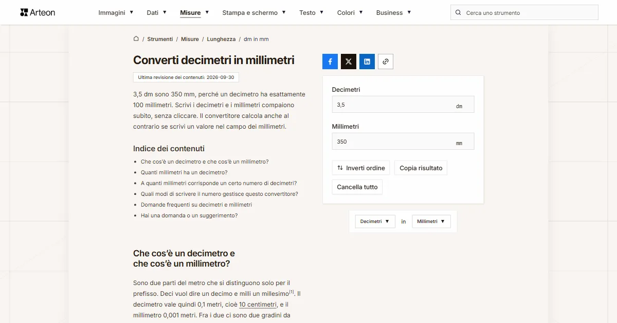 Screenshot dello strumento gratuito Arteon: Converti decimetri in millimetri