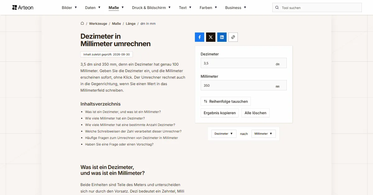 Screenshot des kostenlosen Arteon-Werkzeugs: Dezimeter in Millimeter umrechnen