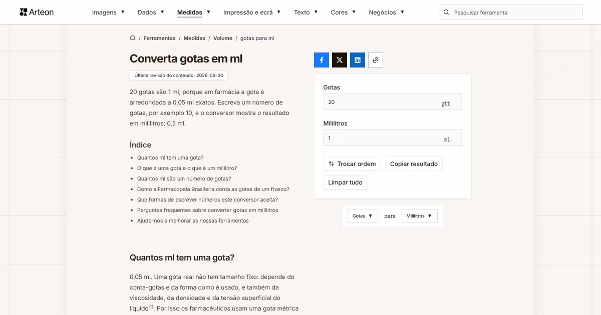 Captura de ecrã da ferramenta gratuita da Arteon: Converta gotas em ml