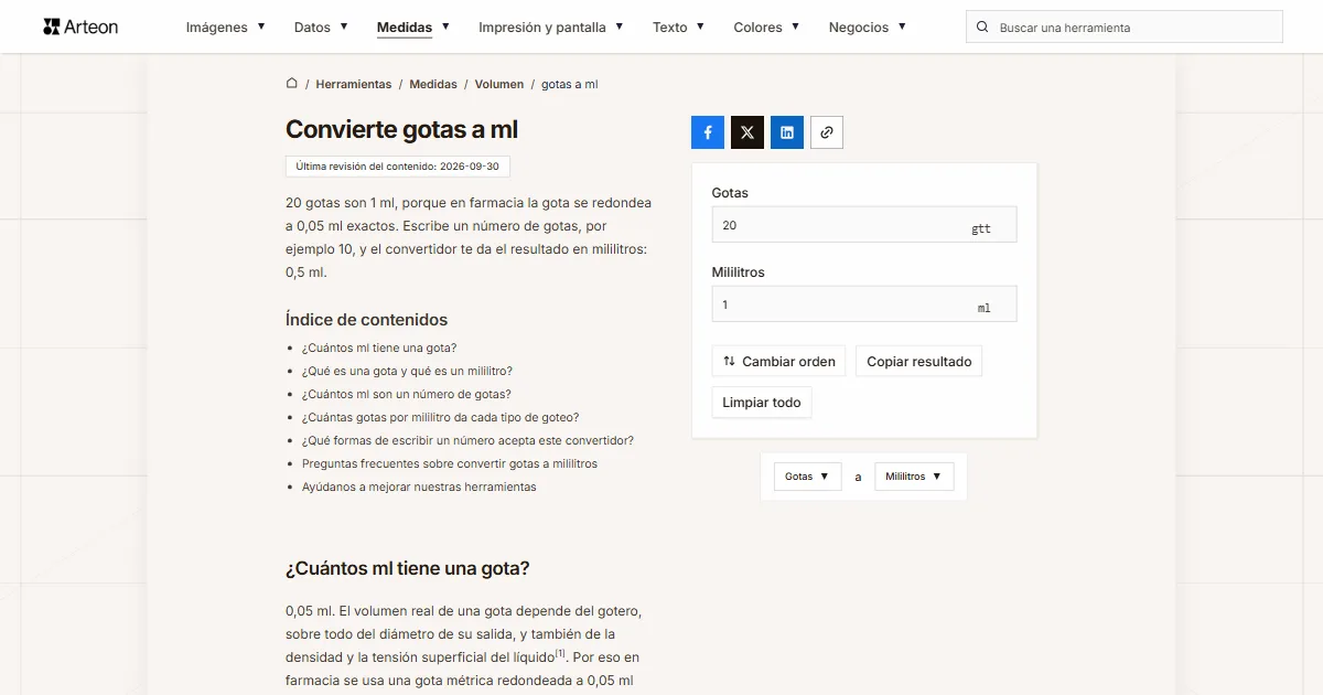 Captura de pantalla de la herramienta gratuita de Arteon: Convierte gotas a ml