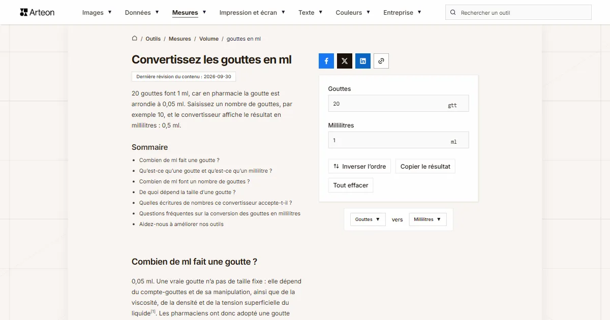 Capture d'écran de l'outil gratuit d'Arteon: Convertissez les gouttes en ml