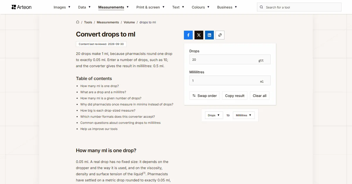 Arteon free tool screenshot: Convert drops to ml