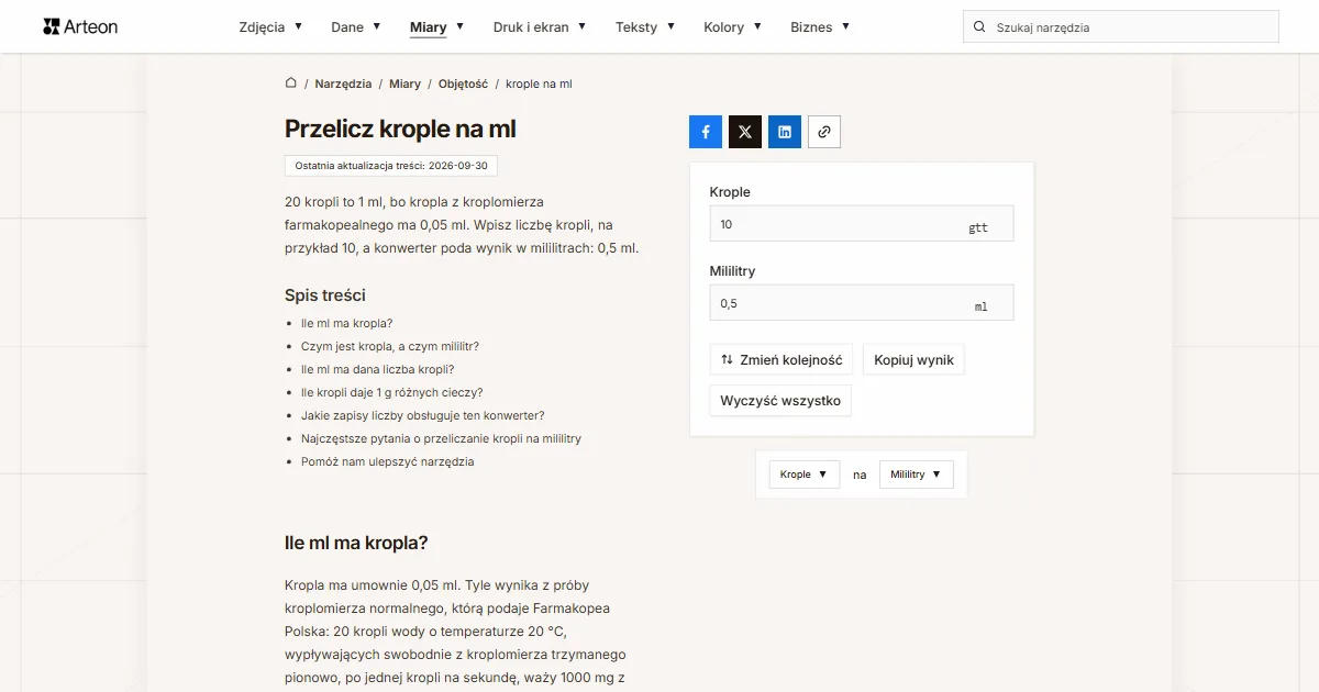 Zrzut ekranu darmowego narzędzia Arteon: Przelicz krople na ml