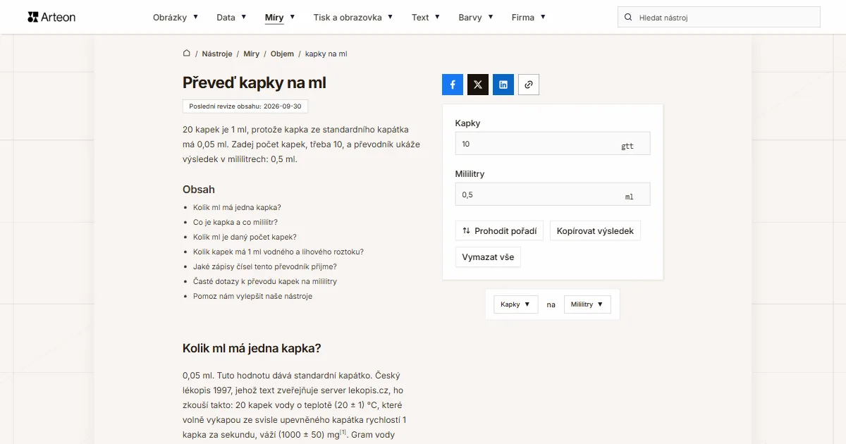Snímek obrazovky bezplatného nástroje Arteon: Převeď kapky na ml