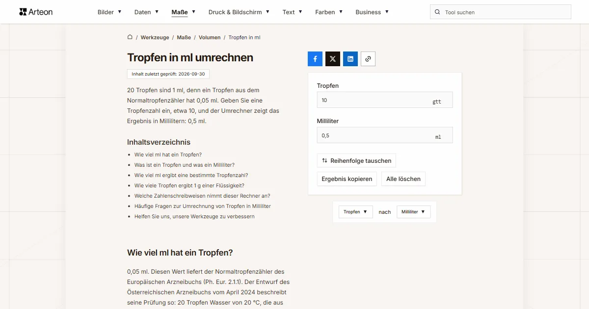 Screenshot des kostenlosen Arteon-Werkzeugs: Tropfen in ml umrechnen