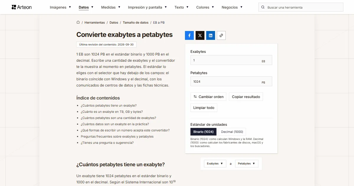 Captura de pantalla de la herramienta gratuita de Arteon: Convierte exabytes a petabytes