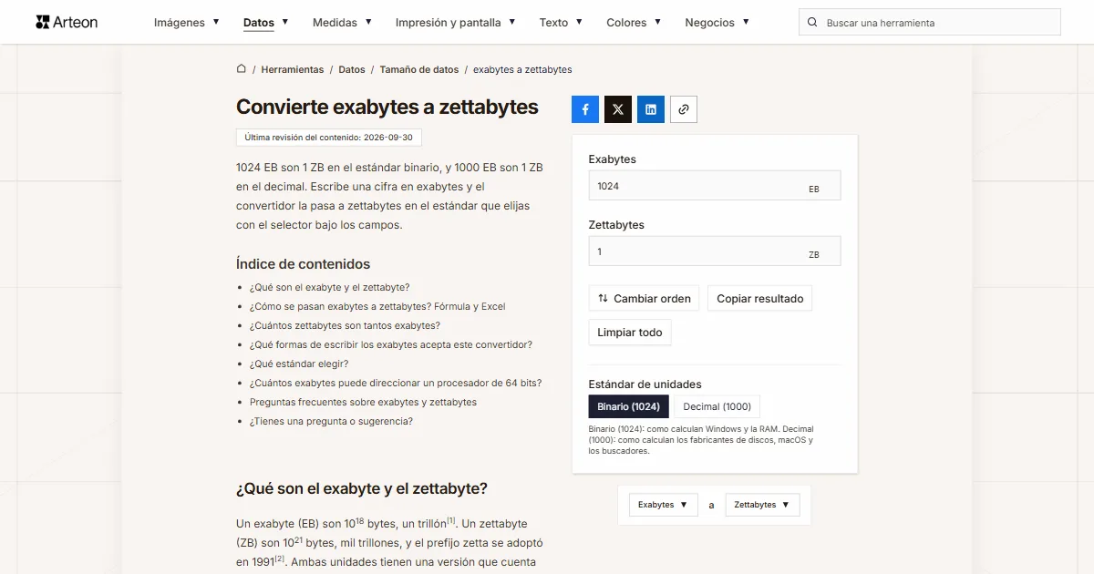 Captura de pantalla de la herramienta gratuita de Arteon: Convierte exabytes a zettabytes
