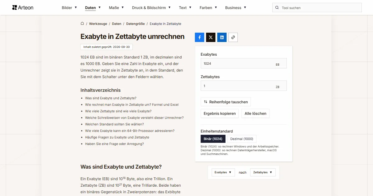 Screenshot des kostenlosen Arteon-Werkzeugs: Exabyte in Zettabyte umrechnen