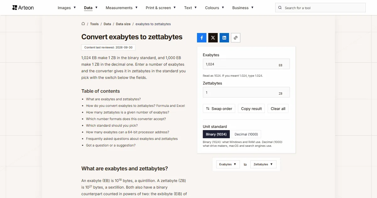 Arteon free tool screenshot: Convert exabytes to zettabytes