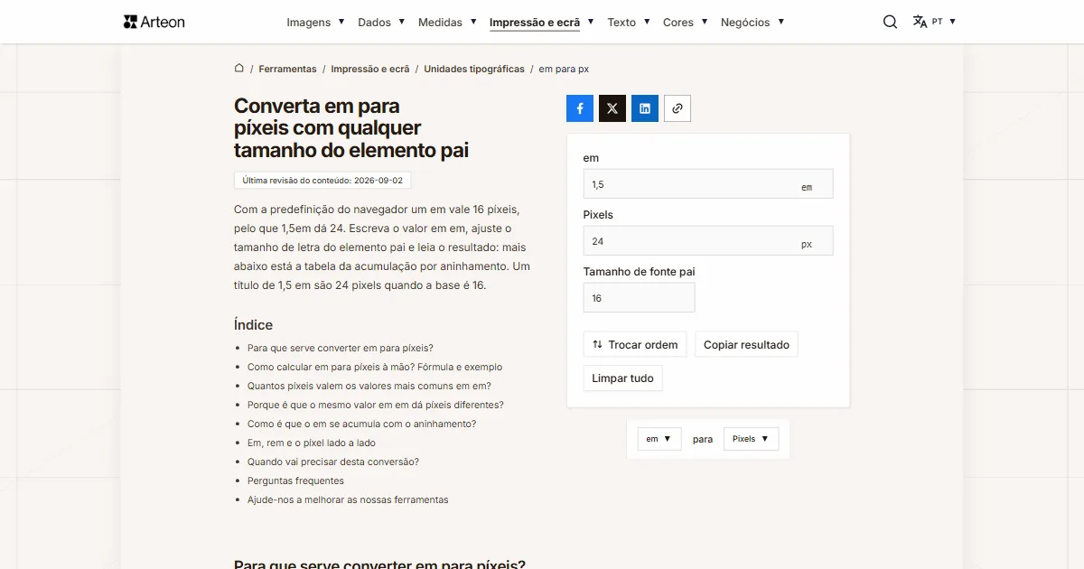 Captura de ecrã da ferramenta gratuita da Arteon: Converta em para píxeis com qualquer tamanho do elemento pai