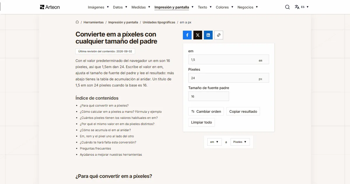Captura de pantalla de la herramienta gratuita de Arteon: Convierte em a píxeles con cualquier tamaño del padre