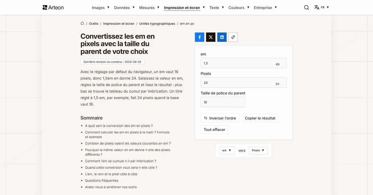 Capture d'écran de l'outil gratuit d'Arteon: Convertissez les em en pixels avec la taille du parent de votre choix