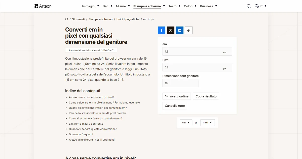 Screenshot dello strumento gratuito Arteon: Converti em in pixel con qualsiasi dimensione del genitore