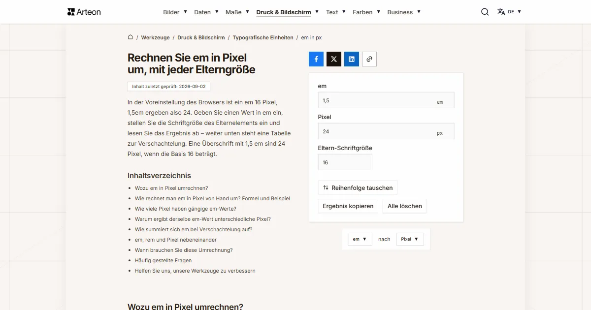Screenshot des kostenlosen Arteon-Werkzeugs: Rechnen Sie em in Pixel um, mit jeder Elterngröße