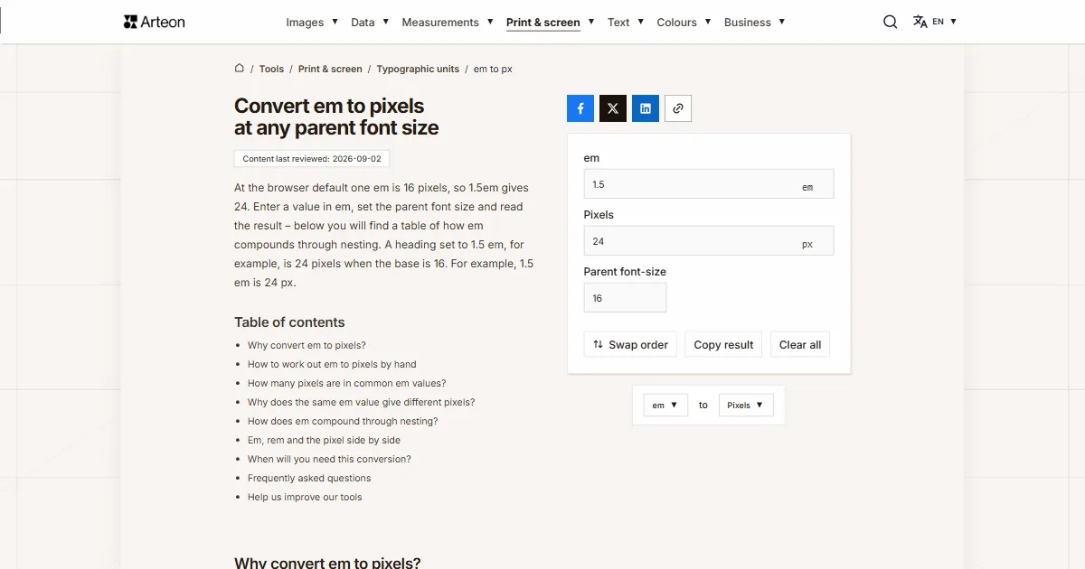 Arteon free tool screenshot: Convert em to pixels at any parent font size