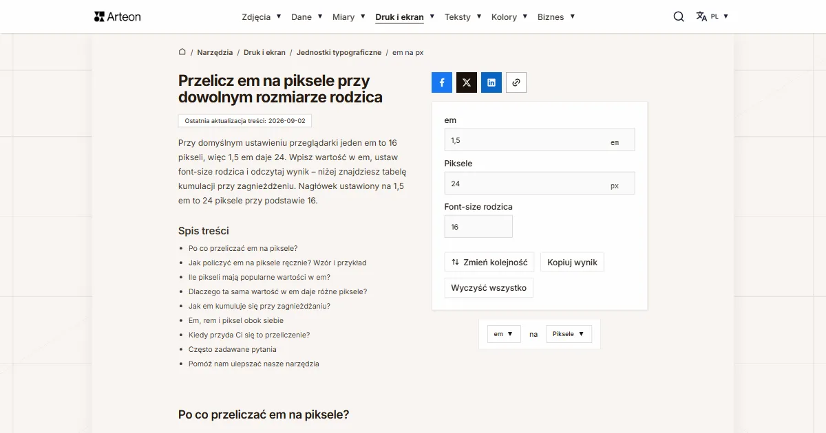 Zrzut ekranu darmowego narzędzia Arteon: Przelicz em na piksele przy dowolnym rozmiarze rodzica