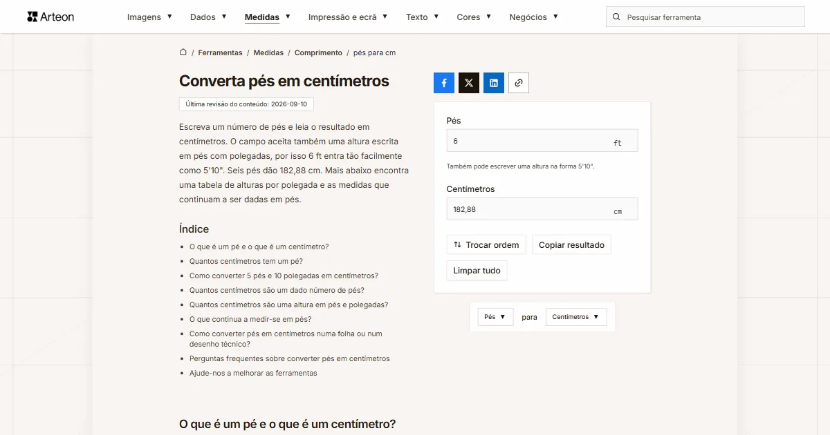 Captura de ecrã da ferramenta gratuita da Arteon: Converta pés em centímetros
