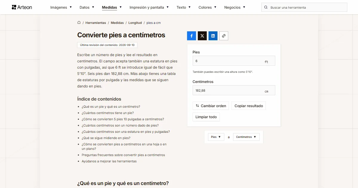 Captura de pantalla de la herramienta gratuita de Arteon: Convierte pies a centímetros