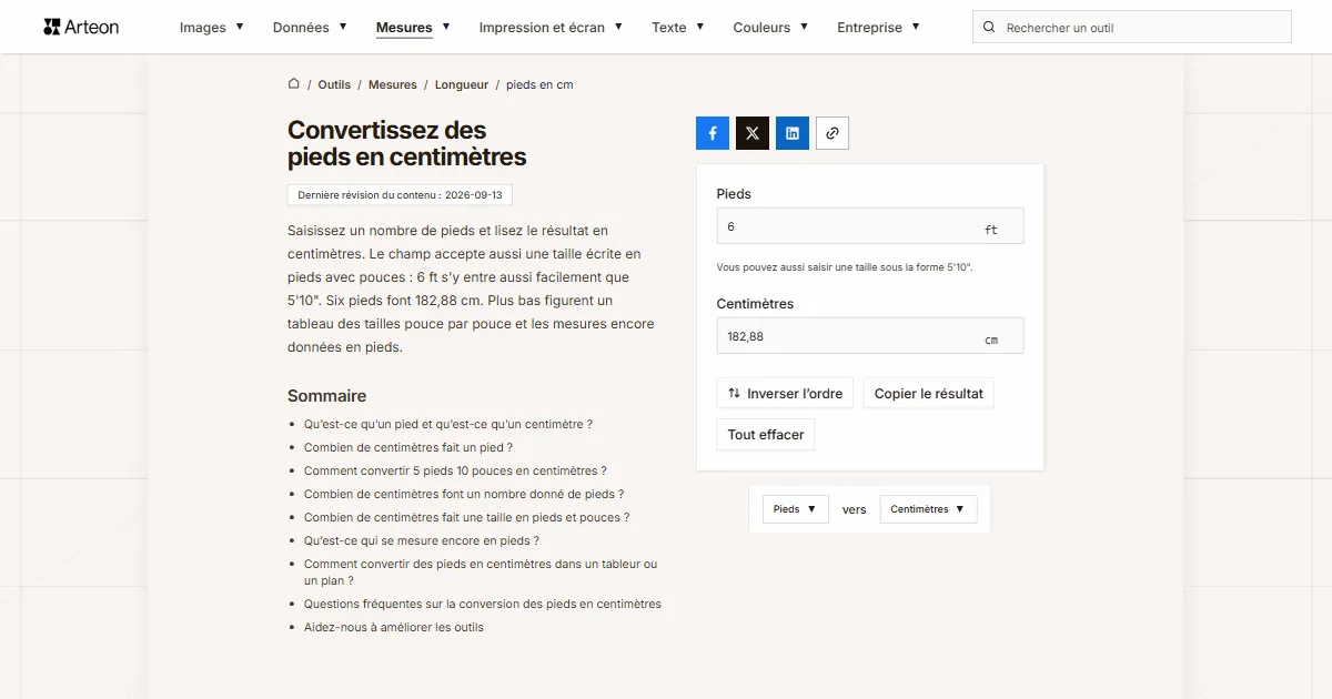 Capture d'écran de l'outil gratuit d'Arteon: Convertissez des pieds en centimètres