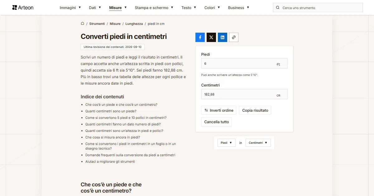 Screenshot dello strumento gratuito Arteon: Converti piedi in centimetri