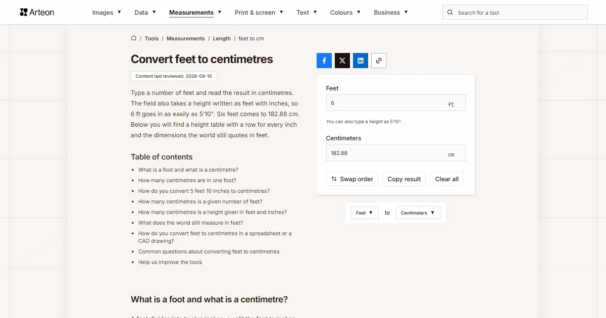 Arteon free tool screenshot: Convert feet to centimetres