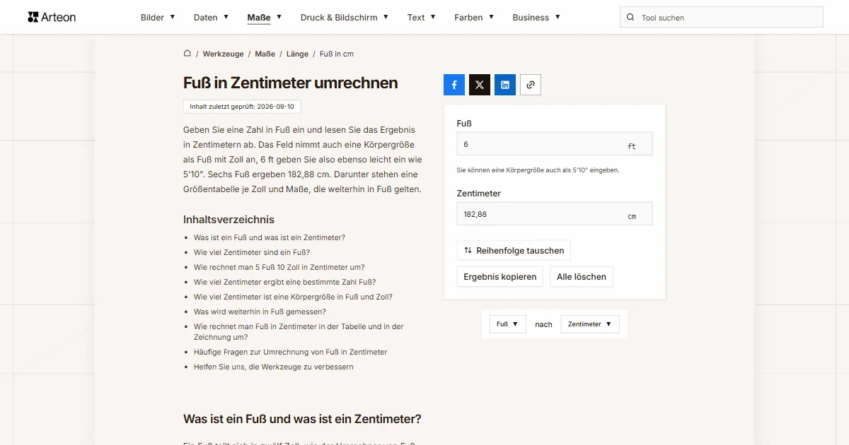 Screenshot des kostenlosen Arteon-Werkzeugs: Fuß in Zentimeter umrechnen