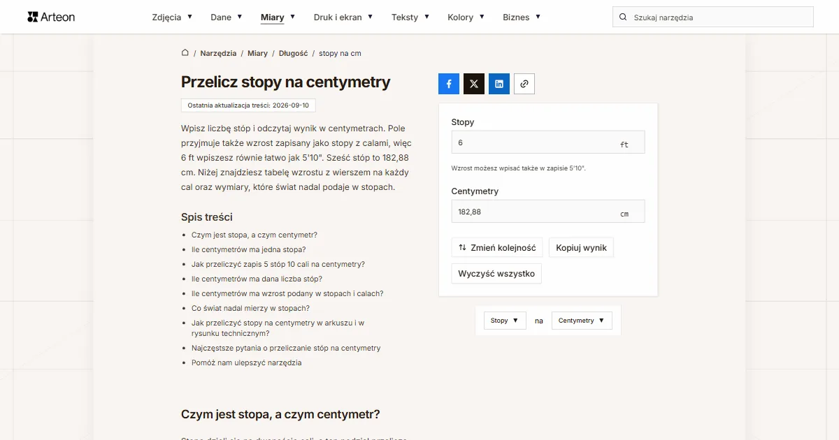 Zrzut ekranu darmowego narzędzia Arteon: Przelicz stopy na centymetry