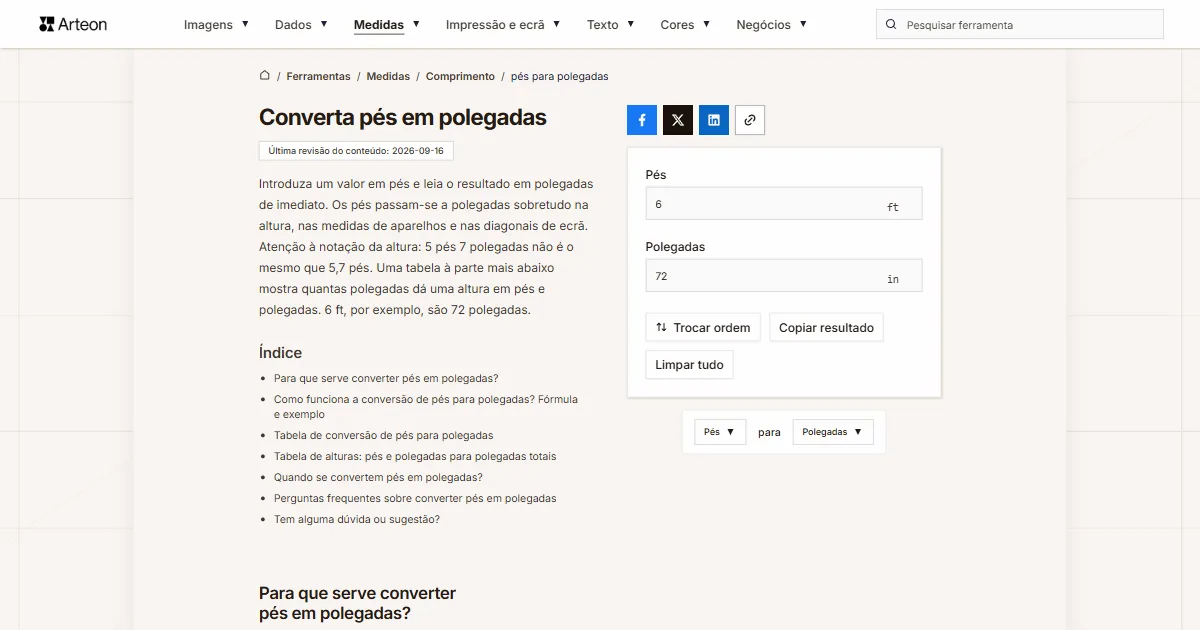 Captura de ecrã da ferramenta gratuita da Arteon: Converta pés em polegadas