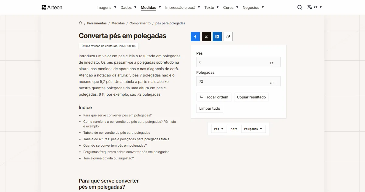 Captura de ecrã da ferramenta gratuita da Arteon: Converta pés em polegadas