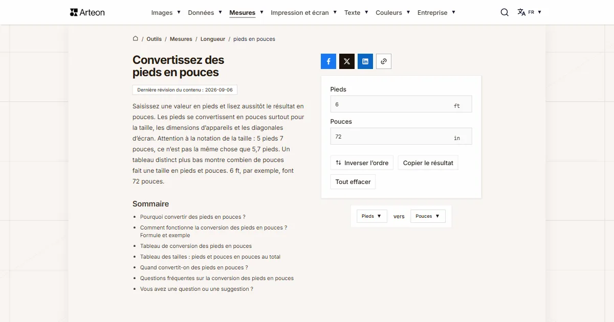 Capture d'écran de l'outil gratuit d'Arteon: Convertissez des pieds en pouces
