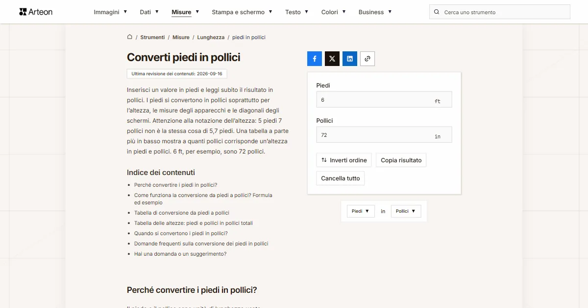 Screenshot dello strumento gratuito Arteon: Converti piedi in pollici