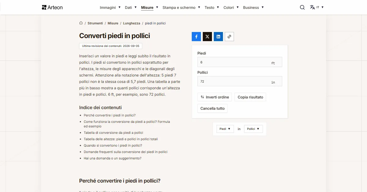 Screenshot dello strumento gratuito Arteon: Converti piedi in pollici