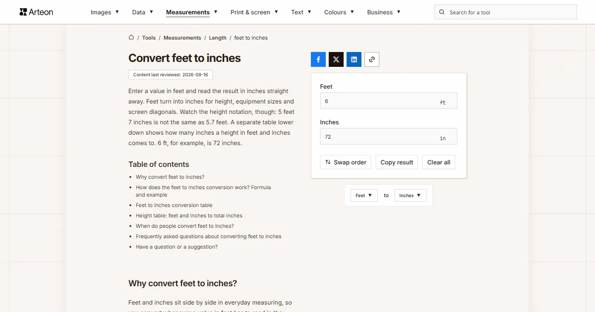 Arteon free tool screenshot: Convert feet to inches
