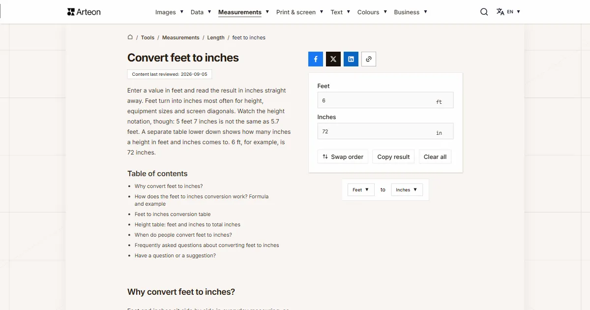 Arteon free tool screenshot: Convert feet to inches
