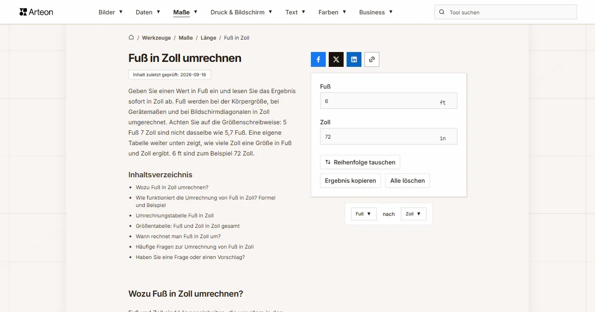 Screenshot des kostenlosen Arteon-Werkzeugs: Fuß in Zoll umrechnen