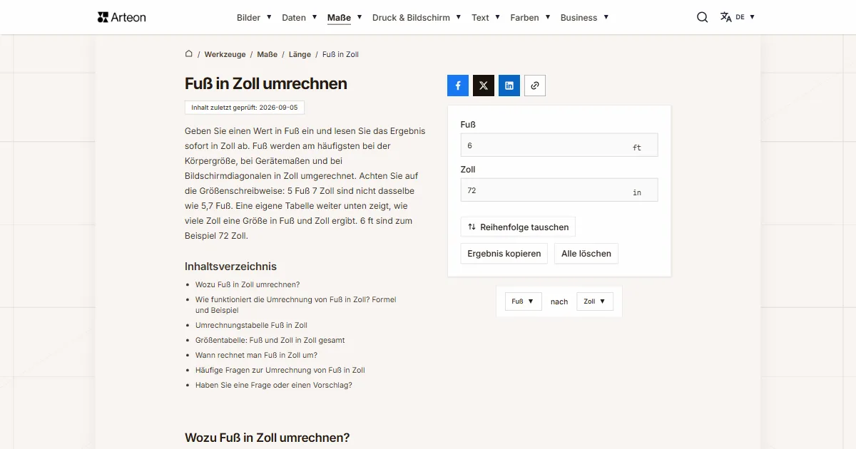 Screenshot des kostenlosen Arteon-Werkzeugs: Fuß in Zoll umrechnen