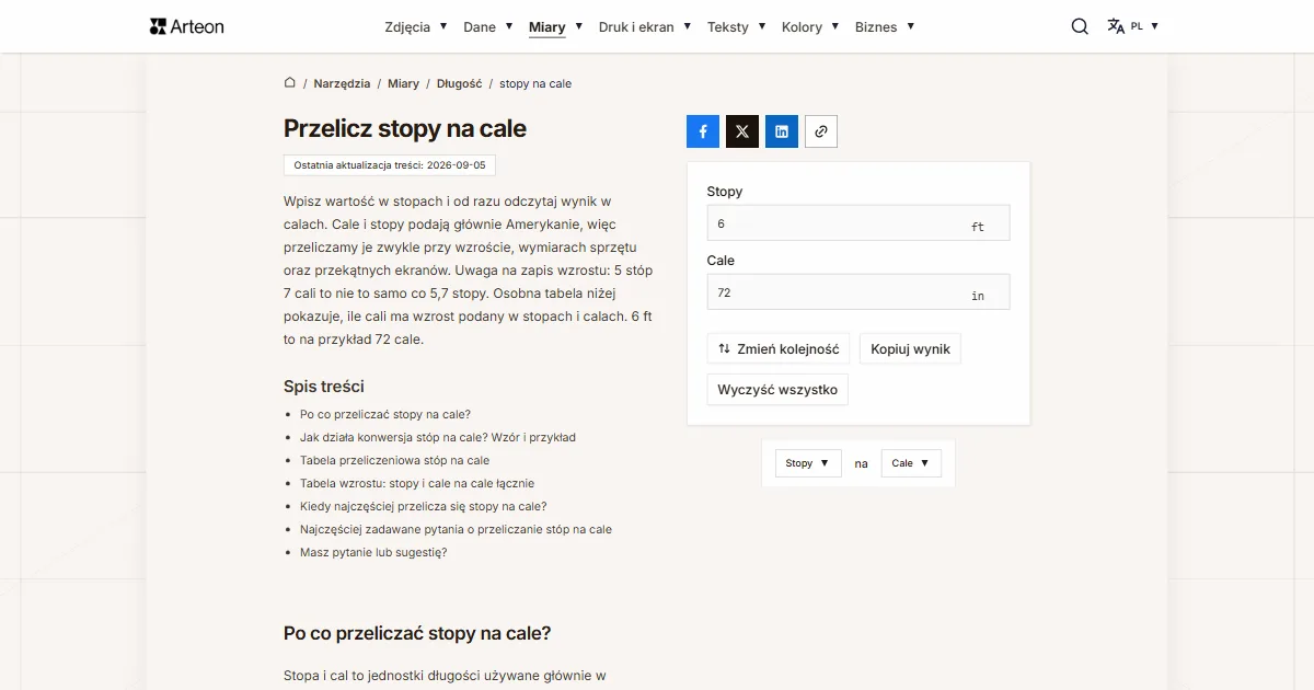 Zrzut ekranu darmowego narzędzia Arteon: Przelicz stopy na cale