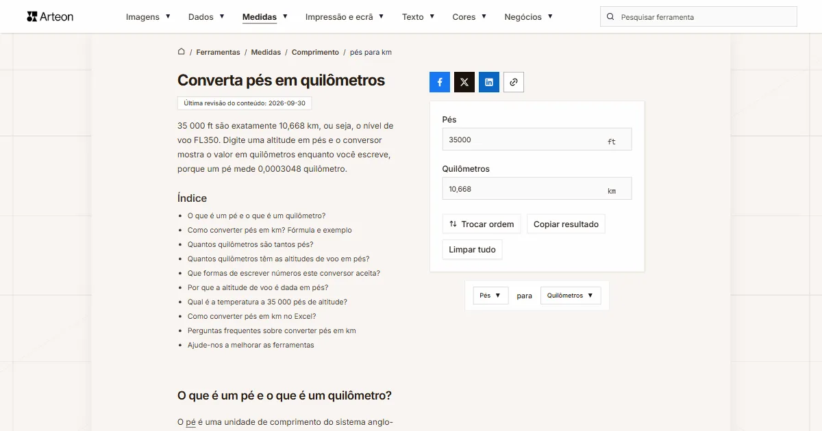 Captura de ecrã da ferramenta gratuita da Arteon: Converta pés em quilômetros