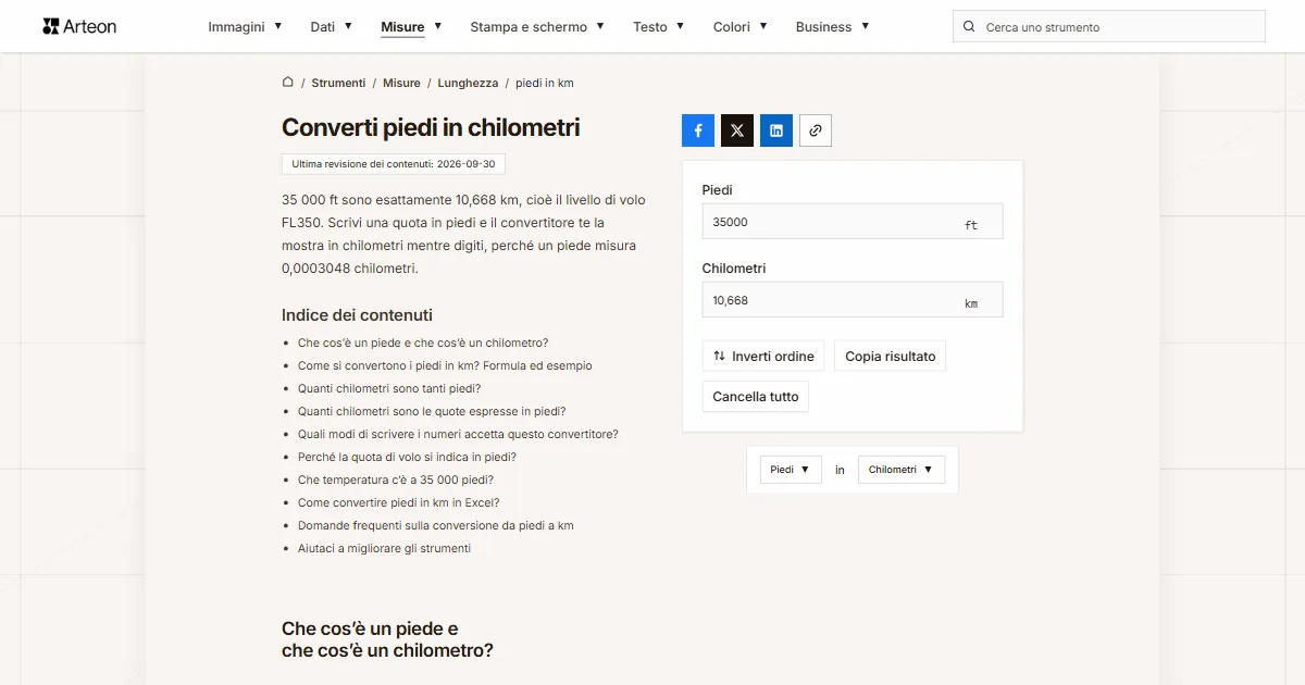 Screenshot dello strumento gratuito Arteon: Converti piedi in chilometri