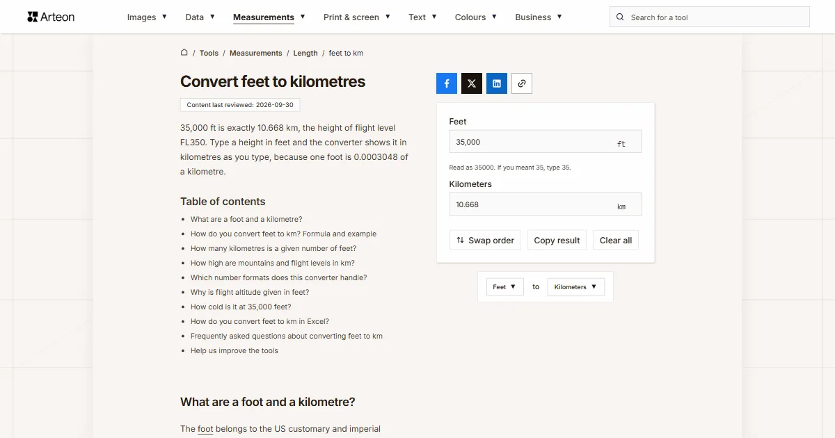 Arteon free tool screenshot: Convert feet to kilometres