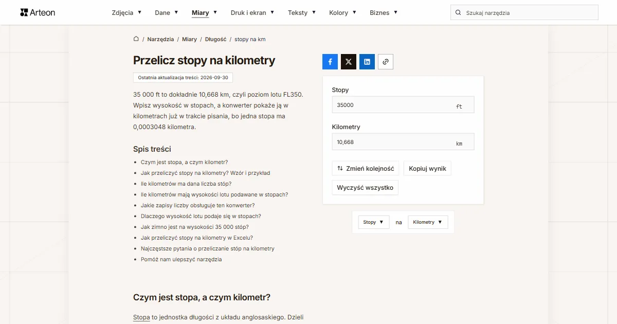Zrzut ekranu darmowego narzędzia Arteon: Przelicz stopy na kilometry