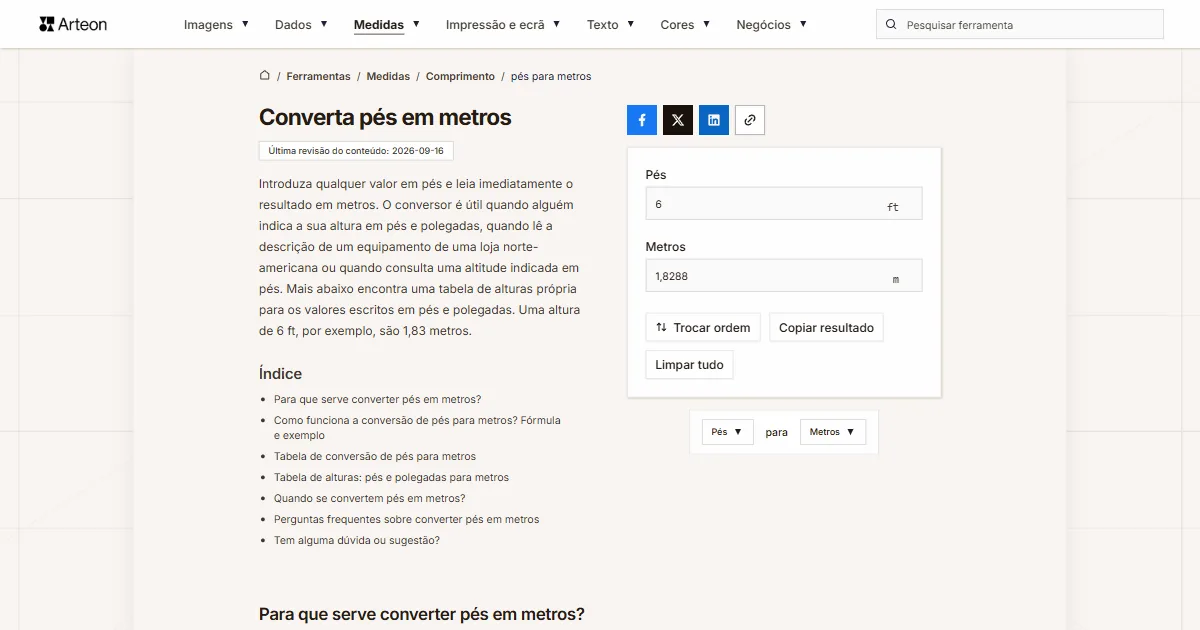 Captura de ecrã da ferramenta gratuita da Arteon: Converta pés em metros