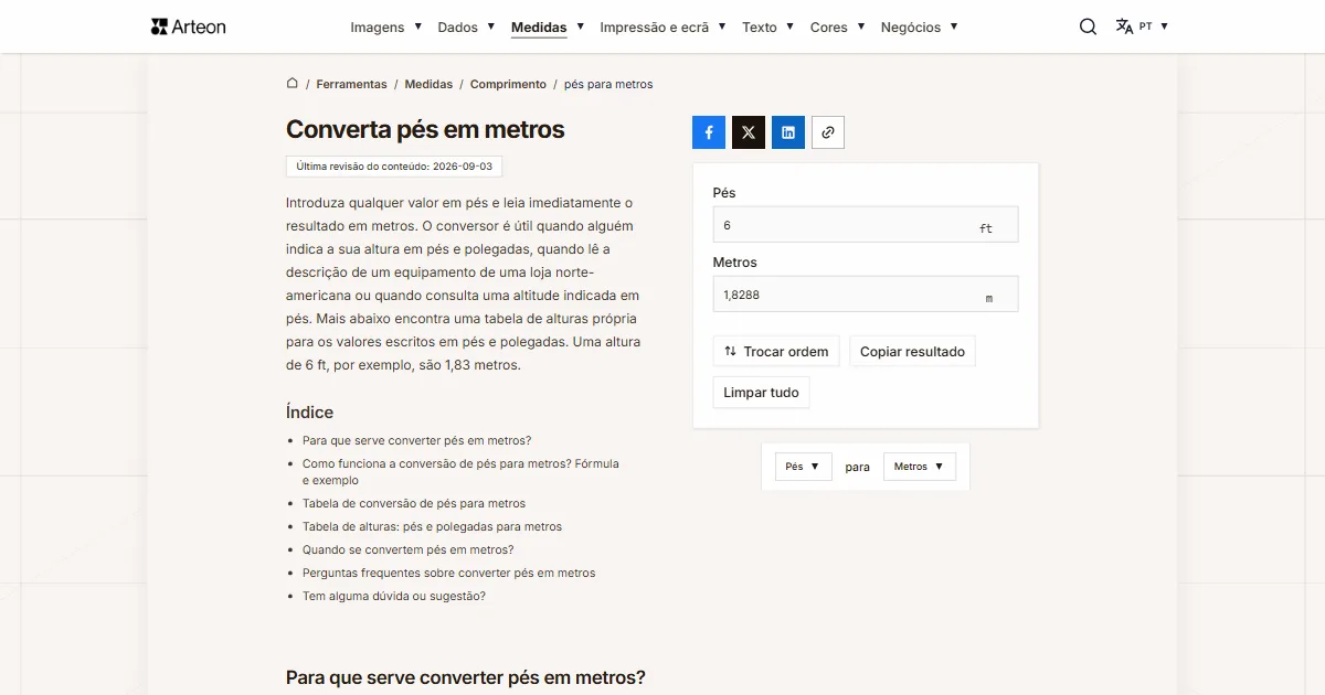 Captura de ecrã da ferramenta gratuita da Arteon: Converta pés em metros